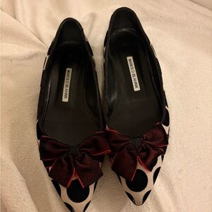 Manolo Blahnik Black and White Flats with Red Bow